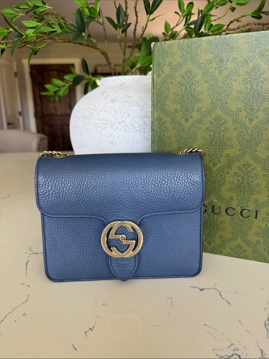 Gucci Handbags - Gucci Navy Blue Pebbled Leather Crossbody with Gold GG Emblem